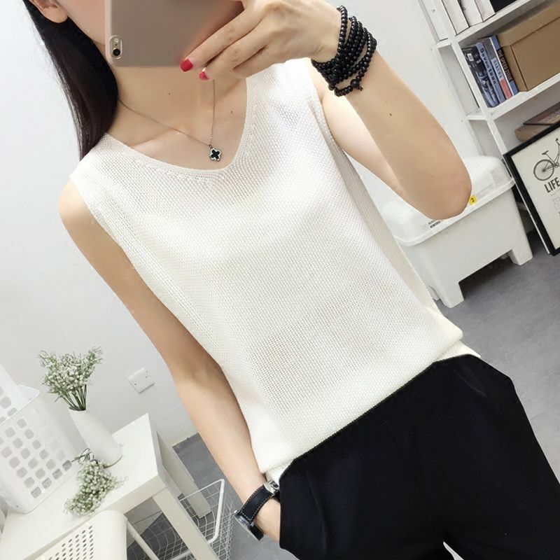 Summer New V-neck Solid Color Knitting Tank Top Women Sleeveless Casual Fashion Oversized Tee Ladies All-match Pullover T-shirt
