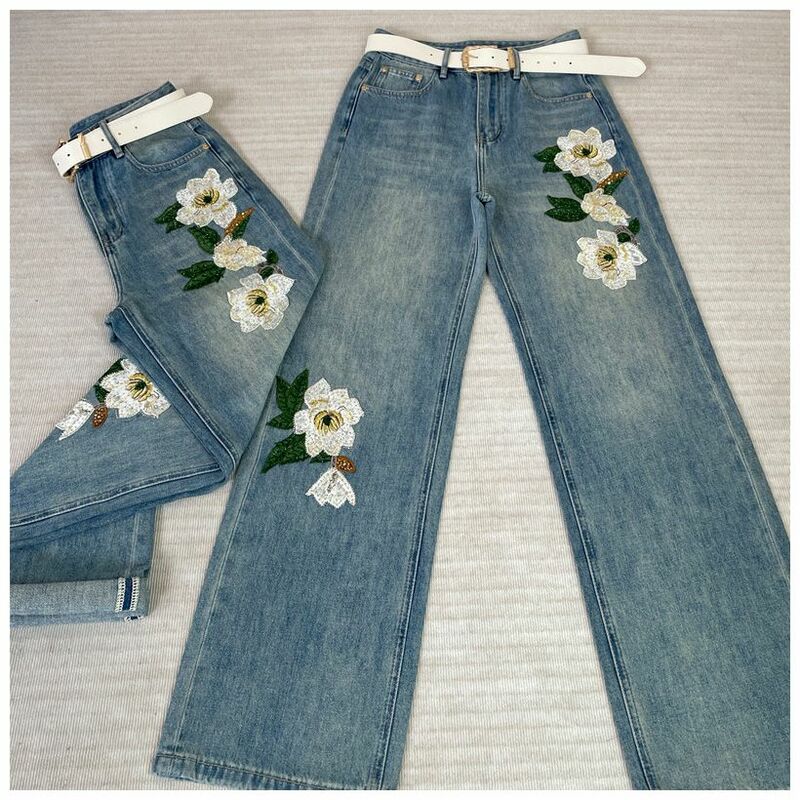 Jeans americano de lantejoulas com flores bordadas para mulheres, cintura alta, solta e reta, calça casual, perna larga, comprimento do chão, nicho de verão, Ins