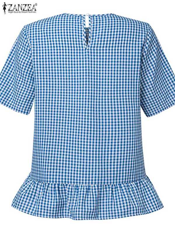ZANZEA-Blusa holgada con dobladillo y volantes para mujer, camisa informal de manga corta con estampado de rejilla, cuello redondo, Oficina