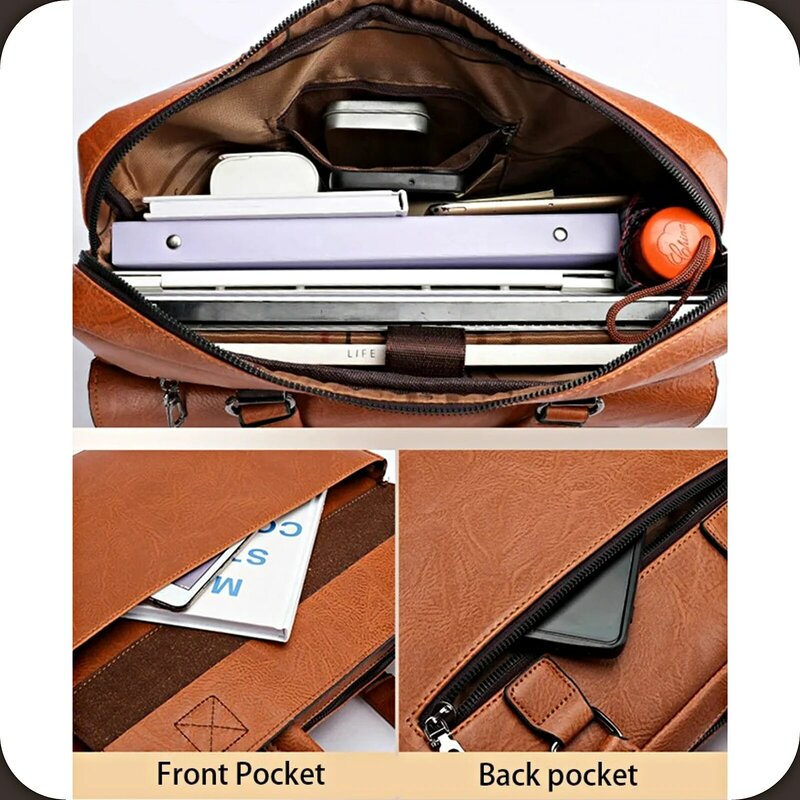 Bolsa de ombro portátil de couro PU para homens, maleta de negócios, bolsa de viagem marca crossbody, bolsa masculina de 14 "para laptop, moda