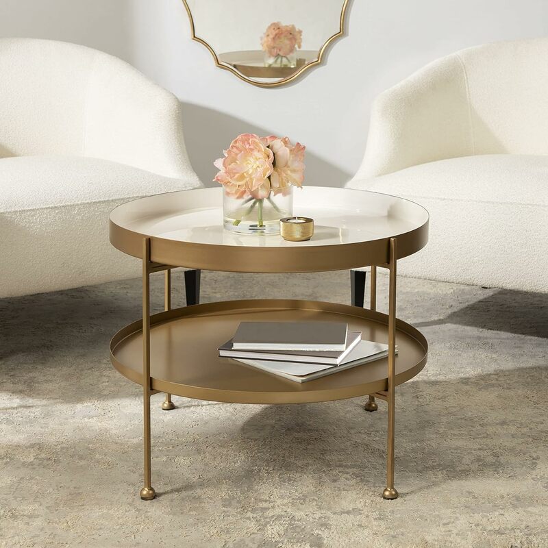 Nowoczesny okrągły dwupoziomowy stolik kawowy Kate i Laurel Nira, średnica 26 cali, biało-złoty, dekoracyjny stolik kawowy Glam