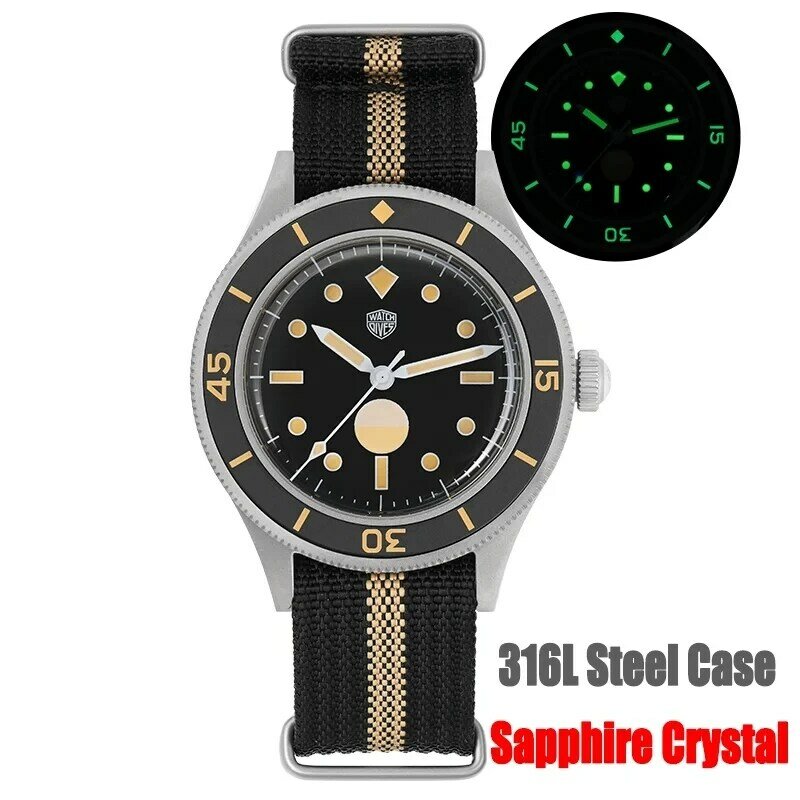 Watchdives-Sapphire Crystal Watch, Relógio Mecânico Automático, Aço Luminous, C3 Luminous, 40mm, 300m, 50-Fathoms, WD50F, 40mm, NH35