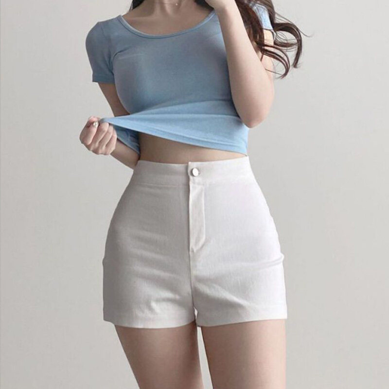 Celana Pendek Ramping Pinggang Tinggi Musim Panas Tas Elastis Ketat Korea Wanita Celana Seksi Tiga Titik Hip Pakaian Luar Kasual Baju Wanita