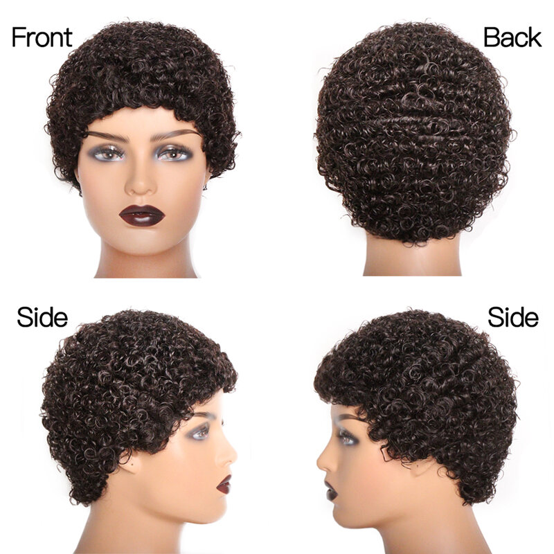 Curto Jerry Curly peruca afro para mulheres, corte pixie, peruca máquina completa, preto natural, cabelo humano de 100%, afro-americano