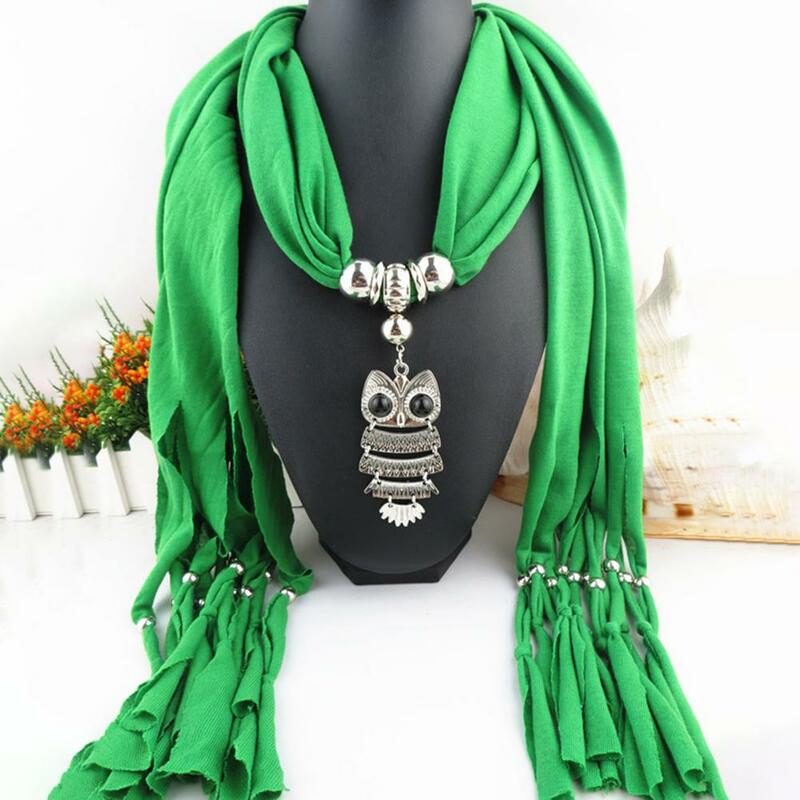 Long Fringed Solid Color Women Scarf Retro Owl Pendant Necklace Scarf Costume Accessories Gift