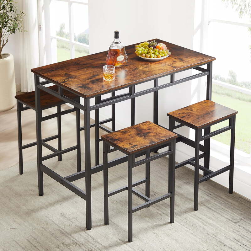 5-Piece Bar Table Set, Industrial Counter Height Pub Table with 4 Stools for Kitchen Restaurant - Rustic Brown