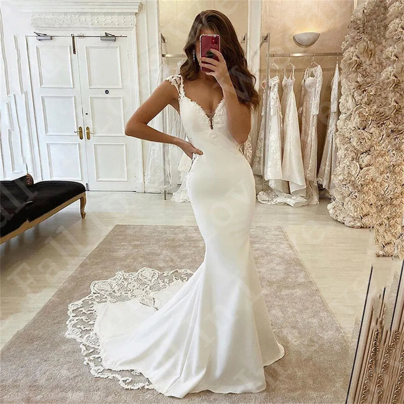 Gaun pernikahan putri duyung putih klasik untuk wanita gaun pengantin applique renda Satin leher-v dalam untuk wanita ukuran Plus Vestido de novie