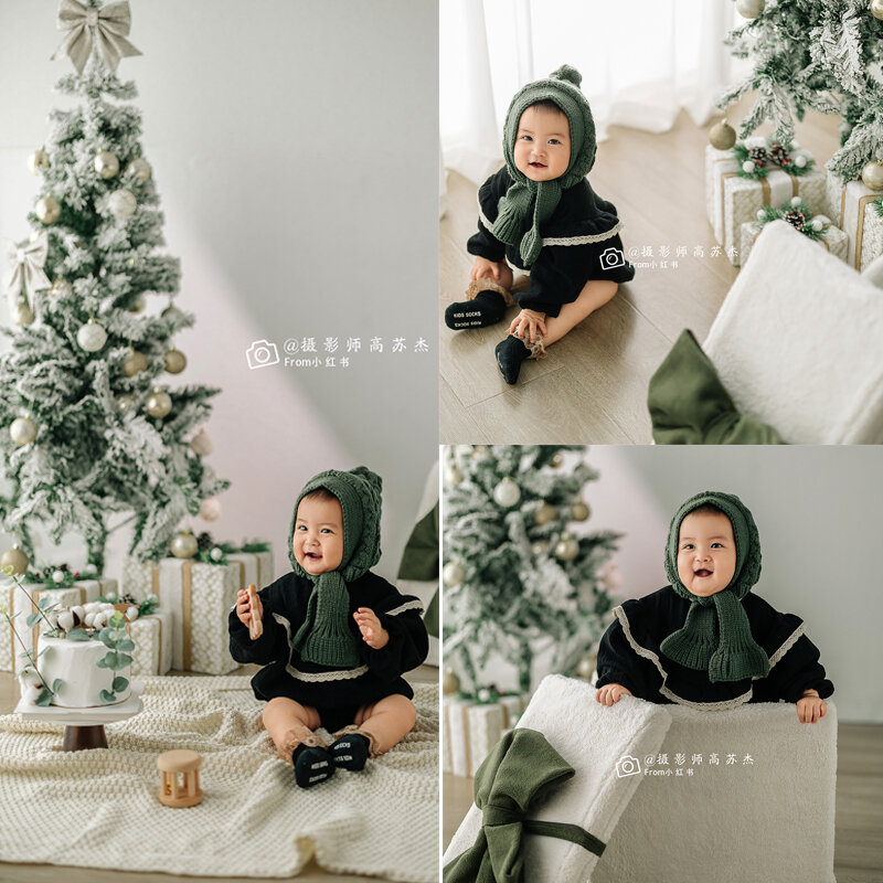 Dvotinst Newborn Baby Photography Props Christmas Green Outfits X'mas Gift Box Knitted Blanket Studio Shooting Photo Props