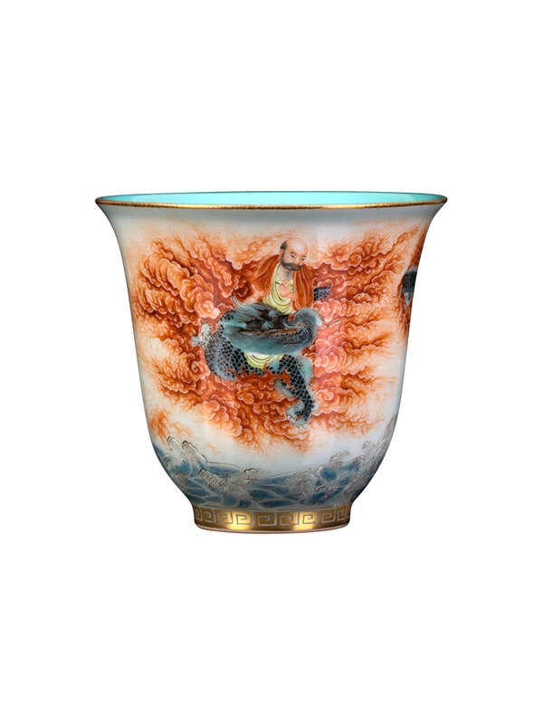 Zhongjiayao Jingdezhen Ceramic Tea Cup High Grade Men's Private Handmade Alum Red Painting Gold Dragon Subduing Arhat