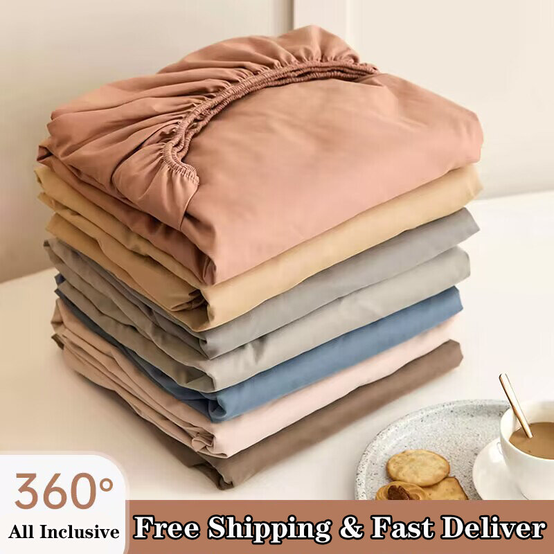 Soft Cotton Fitted Bed Sheet with Elastic Band Solid Color Mattress Cover for Single Double King Queen Bed 140/150/160/180/200
