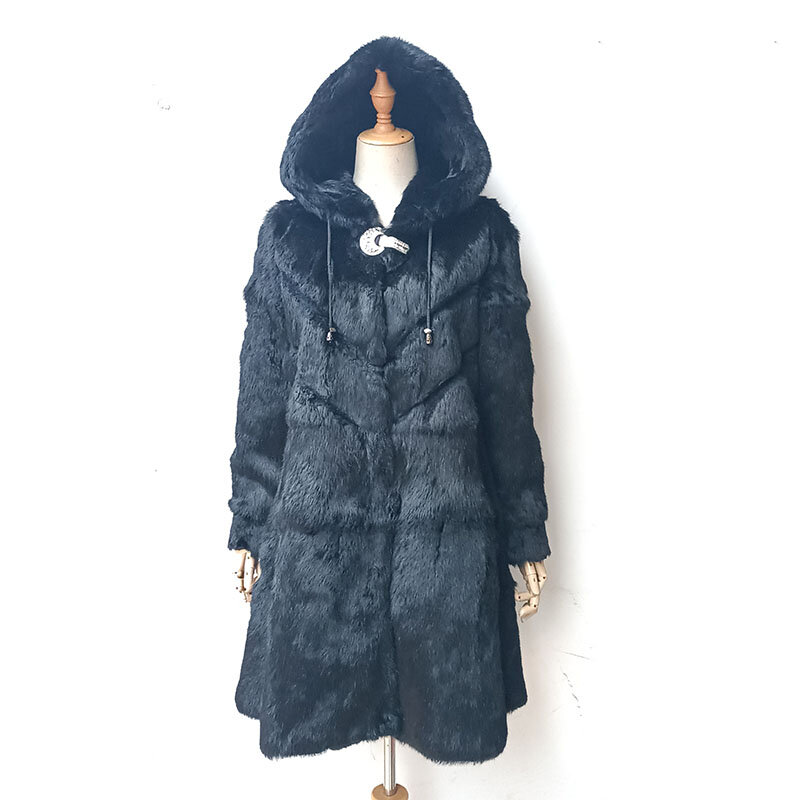 女性用うさぎの毛皮のコート,長袖,フード付き,本物のウサギの毛皮のジャケット,暖かいアウター,冬用,2024