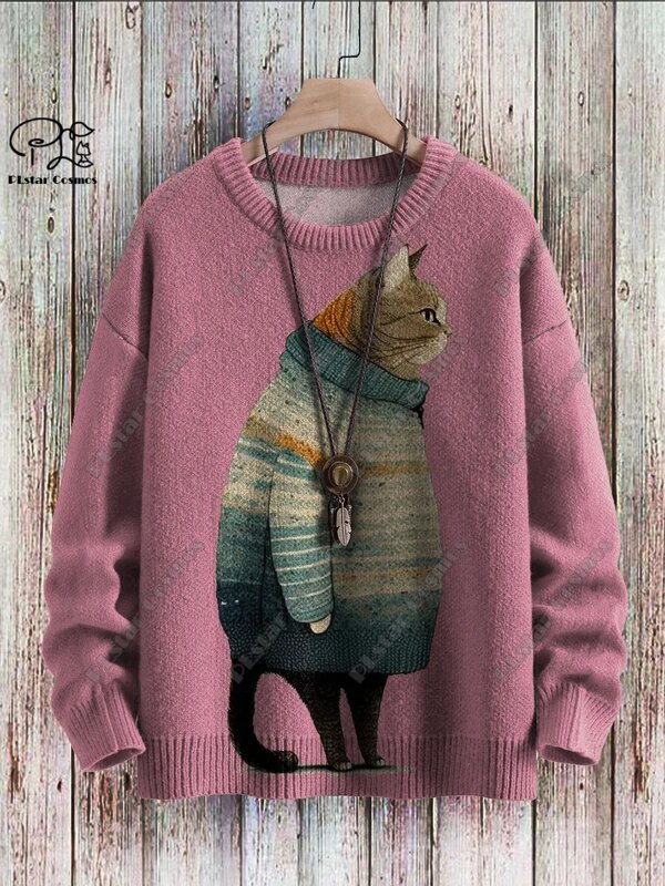Sweater kasual Unisex, M-7 seri hewan Retro kucing imut bermotif 3D kasual musim dingin