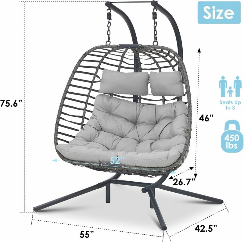 Double Swing Egg Chair com suporte, cadeira de vime para 2 pessoas, grande loveseat tecido à mão com almofada grossa