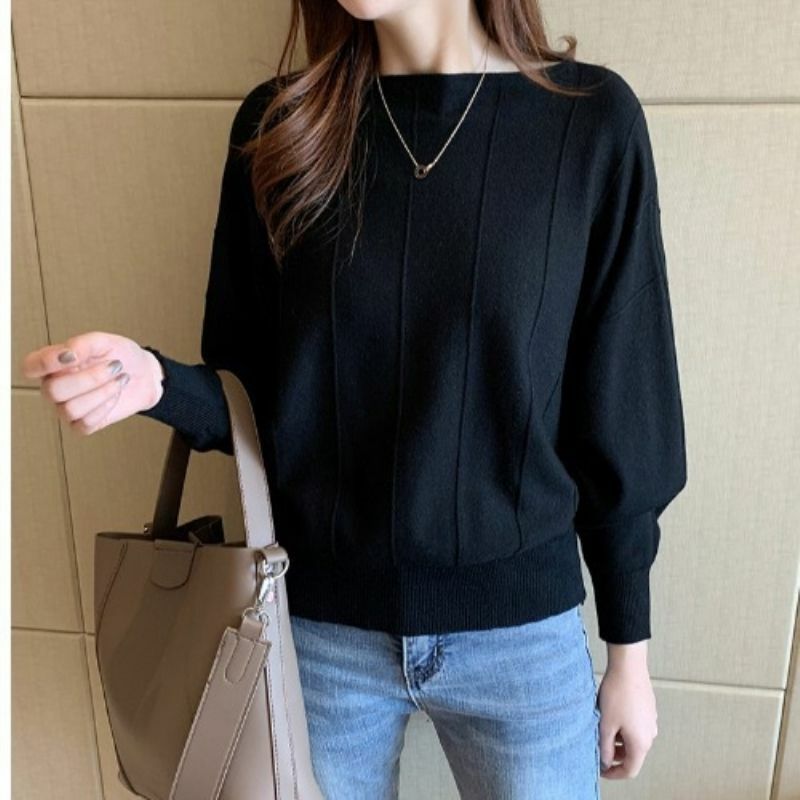 Casual Solid Color Spliced Knitted Sweaters Korean Loose Autumn Winter Screw Thread Female Clothing Fashion Slash Neck Jumpers