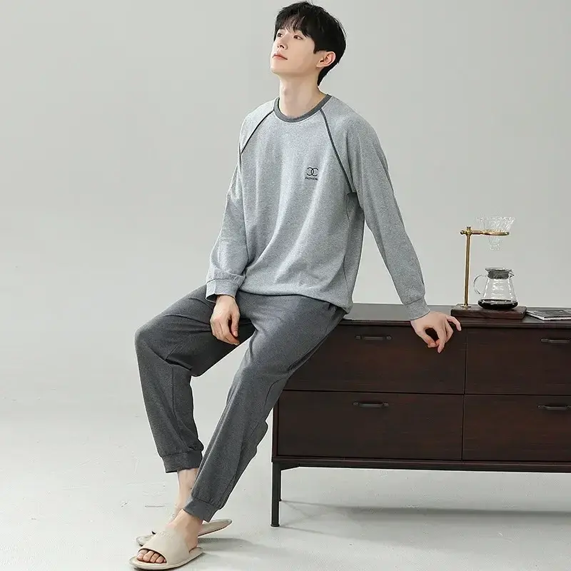 2023 Pajamas Sets Pants Long Sleepwear Sleeve Korean Nightgown Pyjamas Homewear Round Neck Tops Print For New Men's And