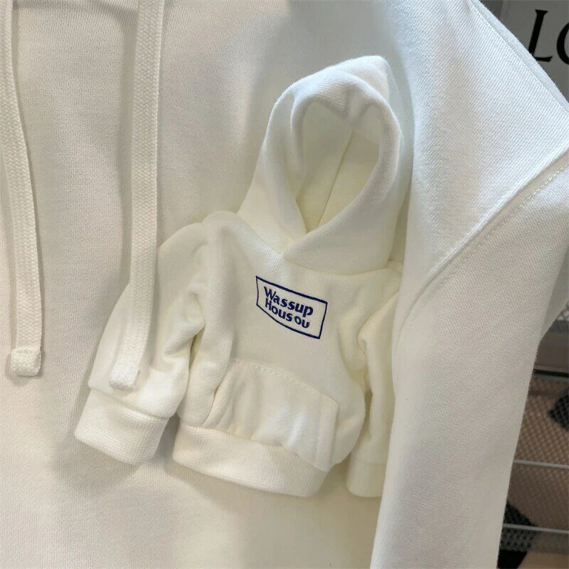 Hoodie bertudung longgar musim gugur wanita, pullover kasual dekorasi 3D Putih, Sweatshirt saku besar tali serut BF Harajuku untuk wanita