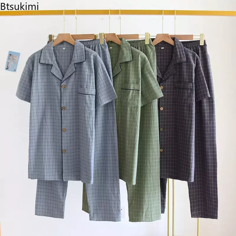 Conjuntos casuais de pijama masculino, xadrez, tops e calças de manga curta, terno de pijama, roupa masculina simples e confortável de algodão lavado, nova moda
