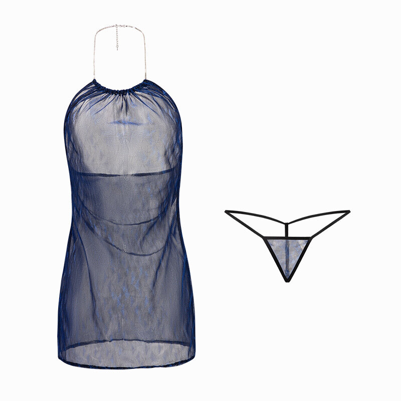 Lencería erótica con cuello Halter para mujer, camisón azul brillante con falda a la cadera, disfraz Sexy, 9155