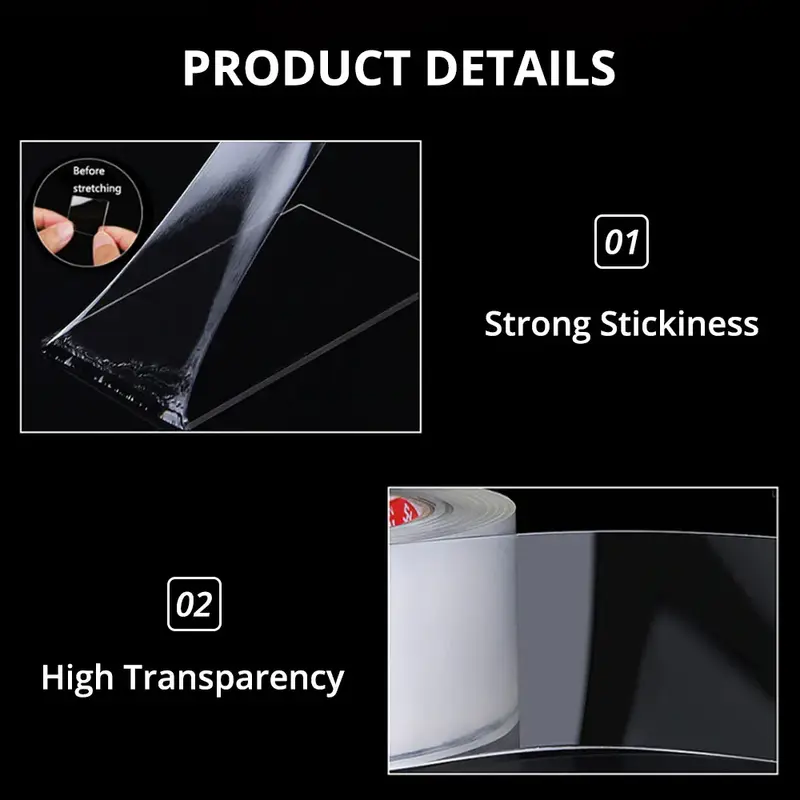 Fita dupla face transparente reutilizável nano traceless, duradoura, impermeável, resistente, adesivo térmico, limpável, carro especial, 1pc, novo