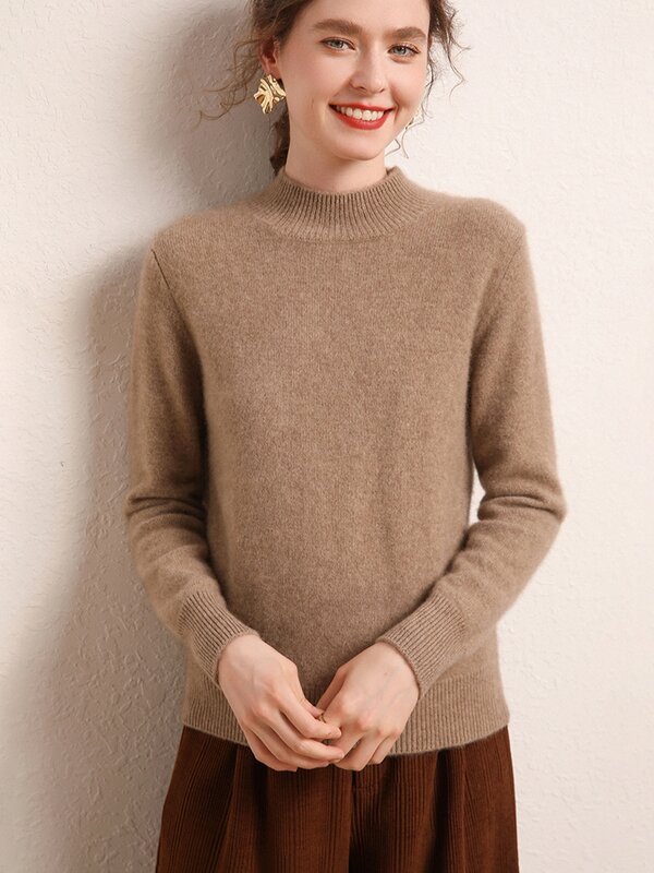 Sweater rajut polos wanita, atasan Pullover kasmir kualitas tinggi lembut hangat leher palsu dasar musim gugur dan dingin 100%