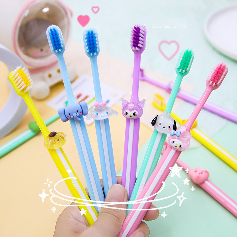 Sanrio-cepillo de dientes de ala suave para adultos y niños, protector de dientes de dibujos animados de Anime, Kuromi Cinnamoroll Kawaii, Color caramelo, regalos de limpieza para el hogar