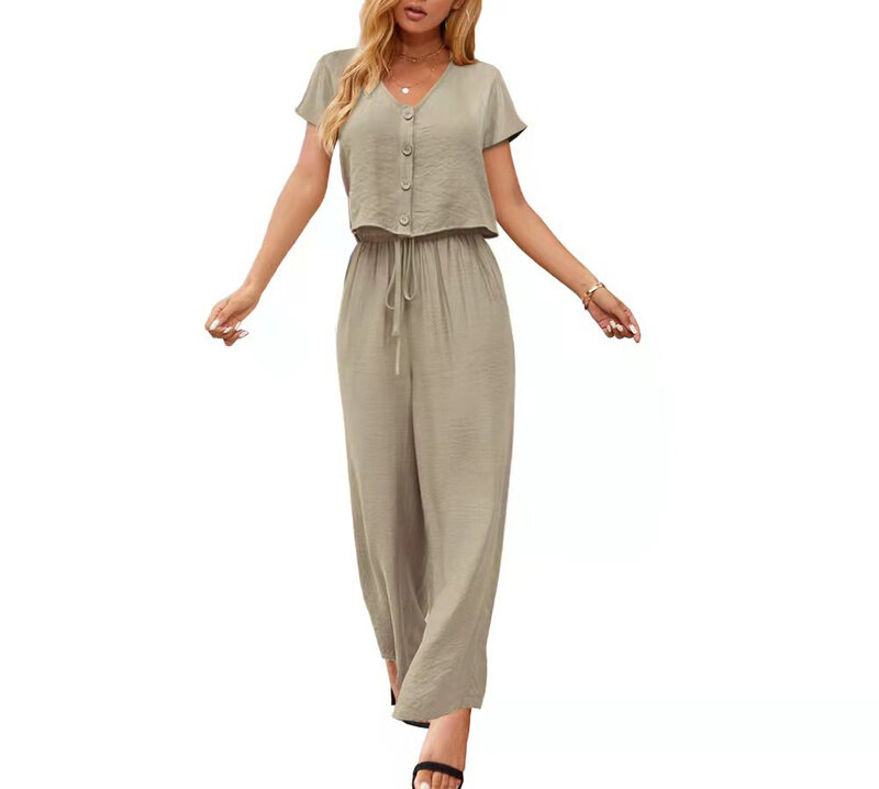 Women's Summer Set Fashion Solid Color New Short Sleeve Button Top Loose Tie Pants Casual Set