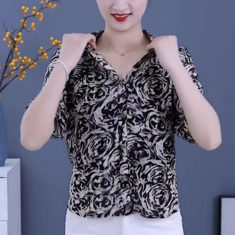 Летняя новинка Женская блузка тонкая стильная рубашка-поло на пуговицах с принтом элегантная шикарная свободная универсальная рубашка с коротким рукавом для работы