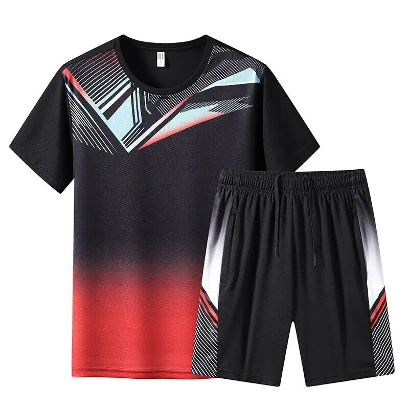 Men Tracksuit New Summer Fashion Print Sports Set T-shirt+Shorts Two-Piece Suit Male Quick Dry Tennis Suit Cool Sportswear