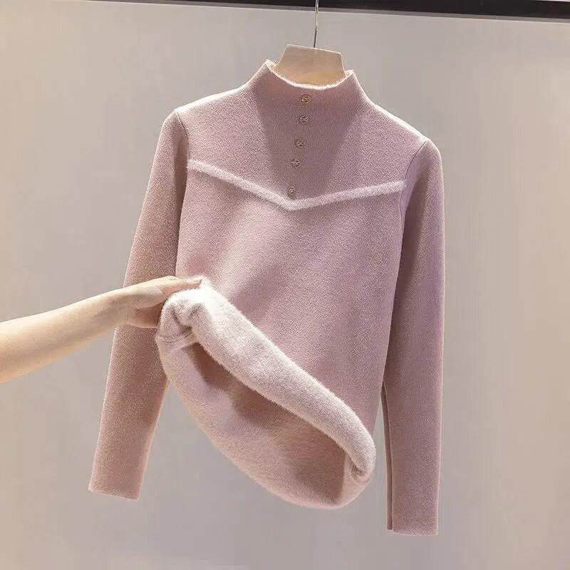 2023 nowy damski sweter z podszewką zimową, codzienny, ciepły sweter z koreański, Slim i bluzki z dzianiny z miękkiego aksamitu sweter z dzianiny