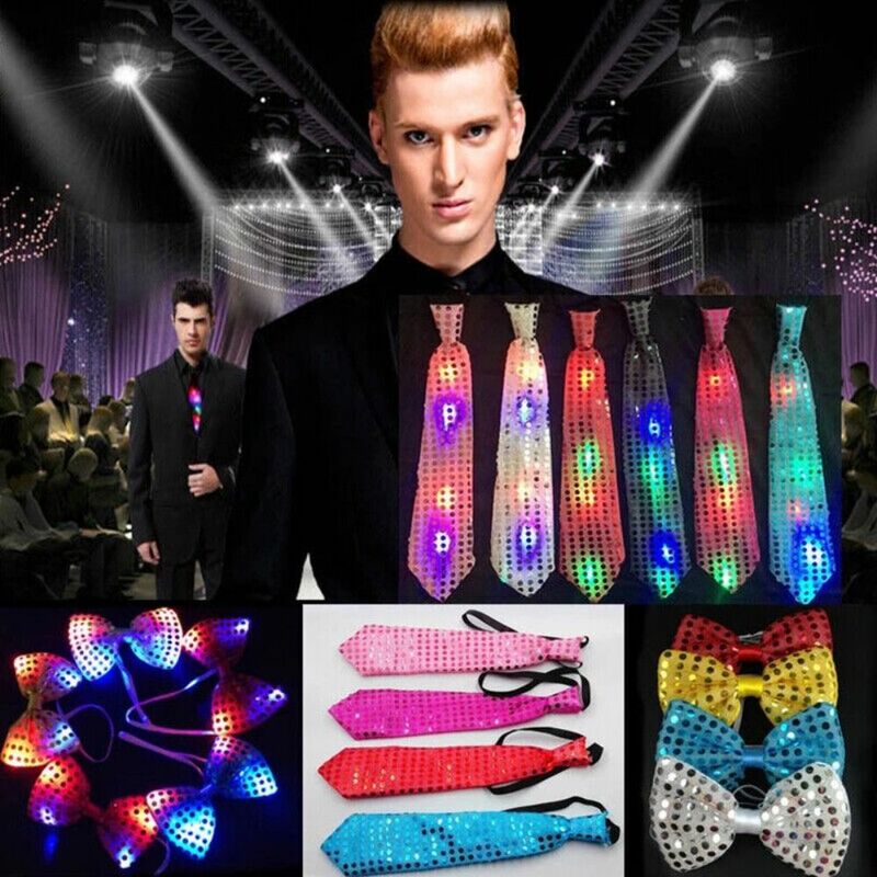 ربطة عنق مضيئة بإضاءة LED ، ربطة عنق مطرزة بالترتر ، لوازم حفلات الزفاف ، الدعائم لجو الحفلات الموسيقية ، قماش جديد