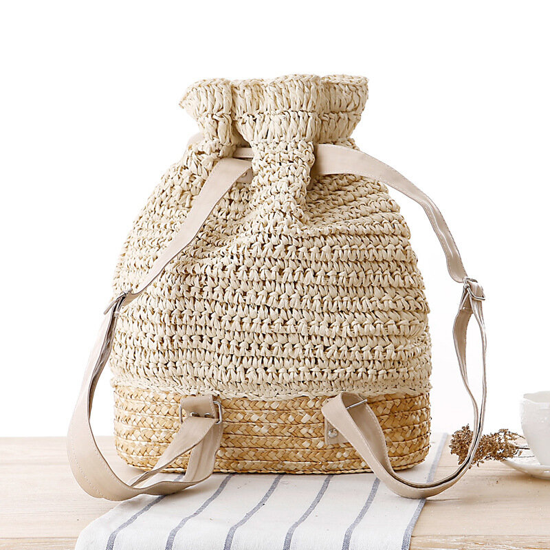 Женский соломенный пляжный рюкзак ручной работы, плетеный ажурный ранец на шнурке, модные богемные модные дамские сумочки на плечо