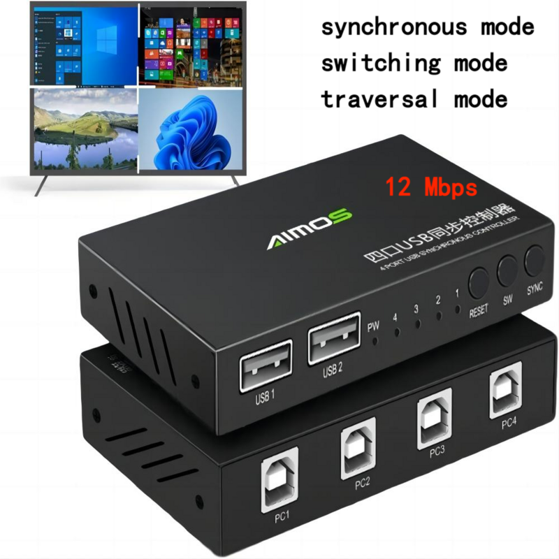 USB Hub Switcher para Teclado Mouse Controller, KVM Selector, 4 Computador, PC Desktop, Splitter Acessórios, KVM Synchronizer