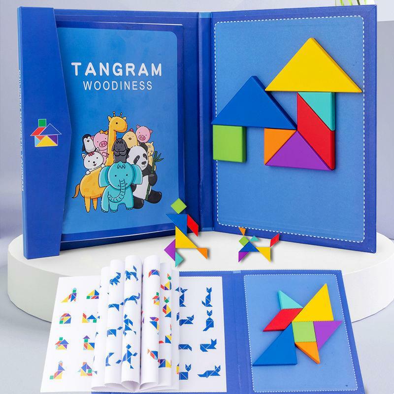 Gergaji ukir magnetik Tangram kayu, mainan pendidikan untuk anak bayi anak portabel montesori belajar kecerdasan