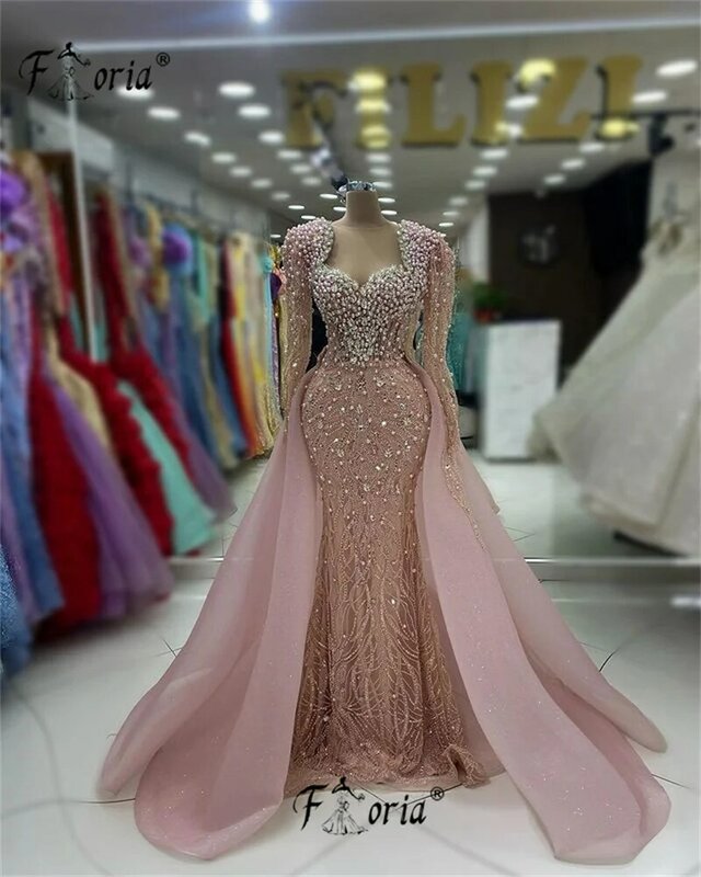 Gaun malam Formal merah muda kristal mutiara berat penuh jubah pesta pernikahan manik-manik Dubai berlian