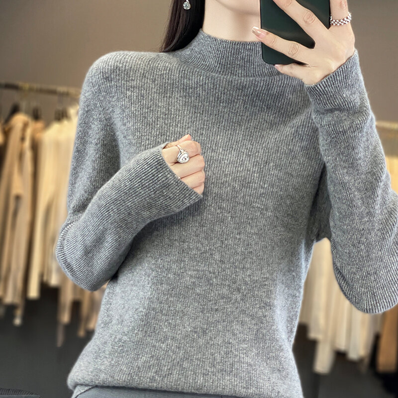 Suéter de lã merino feminino, mangas compridas, gola de meia altura, pulôver justo, tops femininos sexy, 100% merino