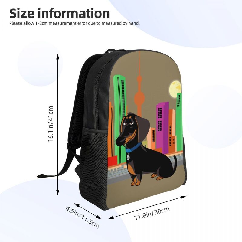 カスタマイズされたカラフルなダックスフントとバッジのバックパック、大学の学校、男性と女性のための基本的なブックバッグ、ソーセージの犬のバッグ