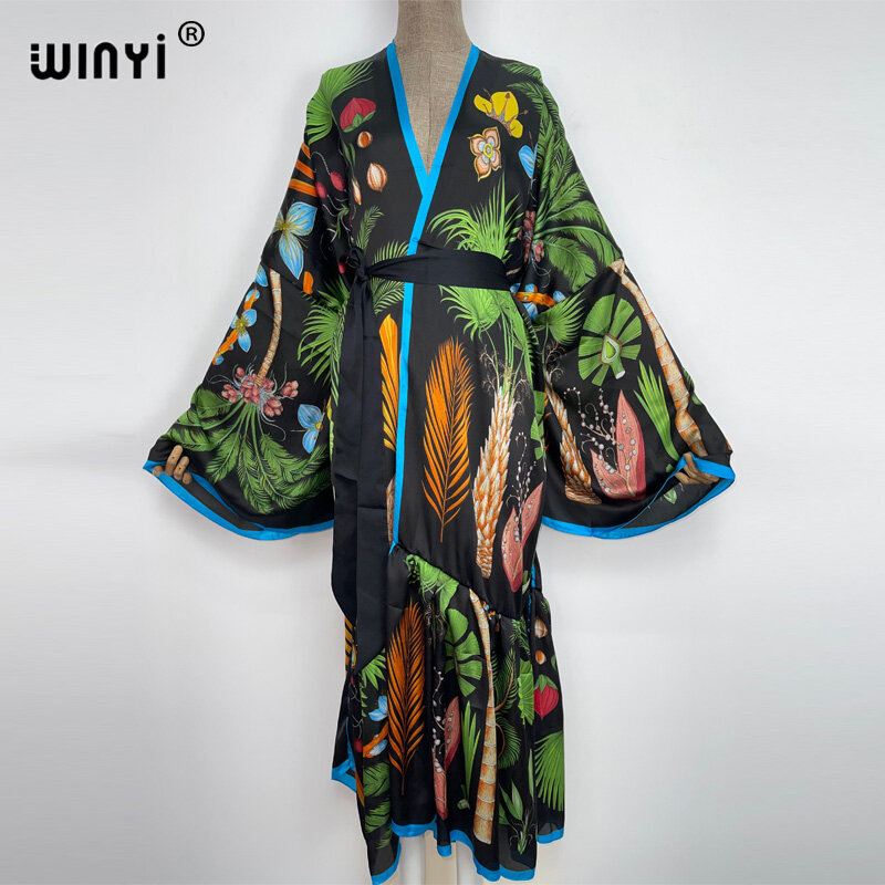 WINYI-فستان كيمونو نسائي بحمالات ذاتية ، غطاء بيكيني ، طباعة أزياء عتيقة ، ملابس صيفية ، ملابس شاطئ ، بدلة سباحة للتغطية