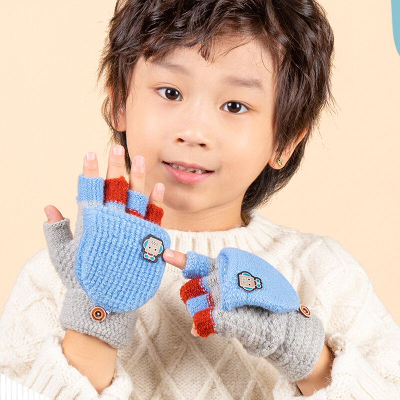 5〜12歳の子供用の暖かい冬用手袋,男の子と女の子用の伸縮性のあるニットミトン,パッチワーク,指なし,冬用