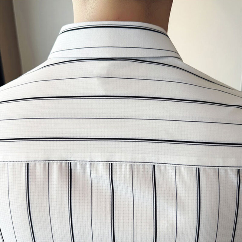 Summer Man Clothing Smart Casual Stripe Shirt Streetwear Fashion Slim Lapel Anti-wrinkle Green Thin Business Short Sleeve Tops