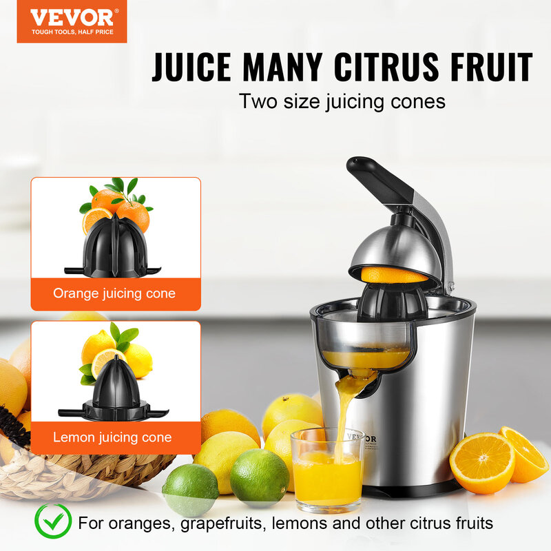 VEVOR-عصارة الحمضيات الكهربائية ، عصارة عصير البرتقال ، مخاريط عصير بحجم اثنين ، صانع عصير الفولاذ المقاوم للصدأ ، 300 واط