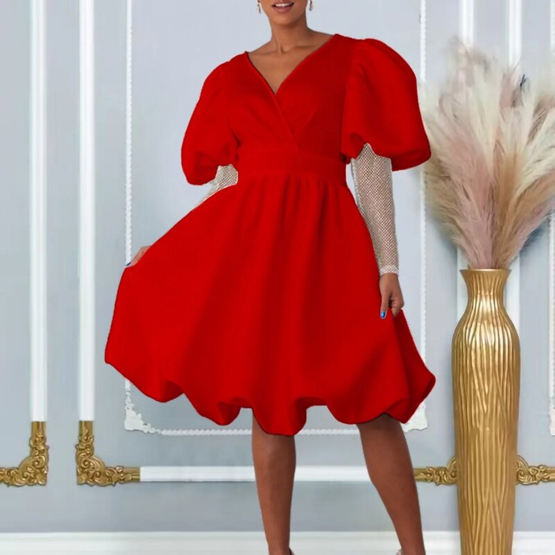 2024 Elegant Africa Wedding Party Dresses for Women Summer V-neck Long Sleeve Polyester White Red Evening Dress Africa Clothing