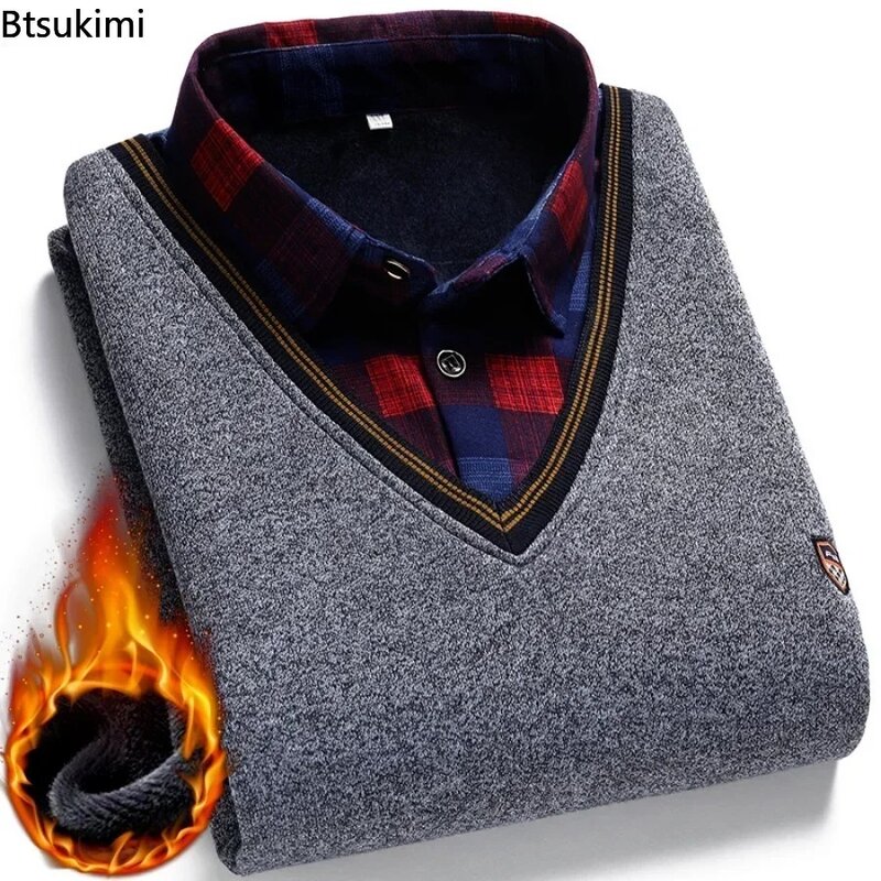 New 2024 Autumn Winter Men's Wool Shirt-Neck Sweater Fashionable Plaid Solid Thickened Warm Fleece High Quality Versatile Casual