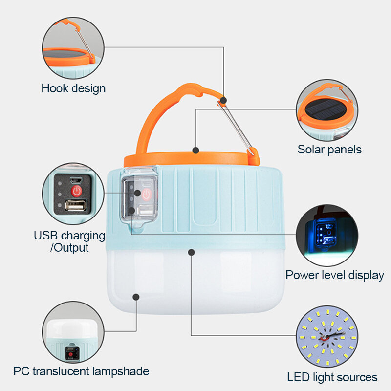 Portátil Solar LED Camping Light, Luzes de emergência ao ar livre, Lâmpada recarregável USB, Lâmpada tenda ao ar livre, Lanterna de alta potência para churrasco