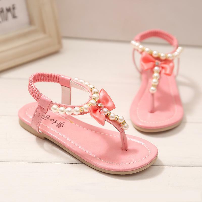 Sandalias infantiles para niña, zapatos de verano para bebé, zapatos de princesa, Tanga con cuentas de perlas, sandalias de playa, zapatos escolares para niño
