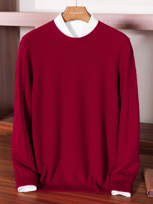 Suéter grueso de Cachemira 100% para hombre, jerseys de manga larga con cuello redondo, Tops casuales, prendas de punto de Cachemira cálidas, otoño e invierno, alta calidad