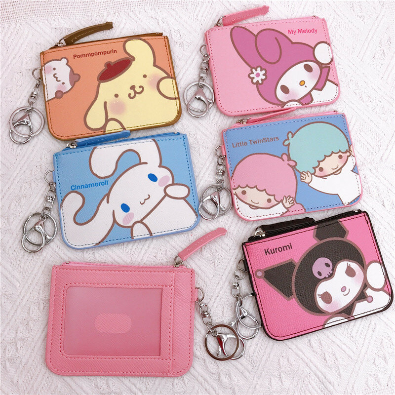 Kawaii Sanrio Kuromi Hello Kitty Cinnamorroll Melody Pachacco Pom Purin porta carte di credito in pelle bella portamonete ciondolo portachiavi