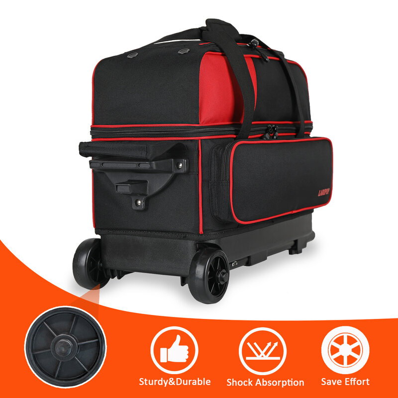 Dual Roller 2-Ball Bowling Bag, Featuring a Separate Large Shoe Compartment Capable, a 3-Section Telescopic Handle that Extends