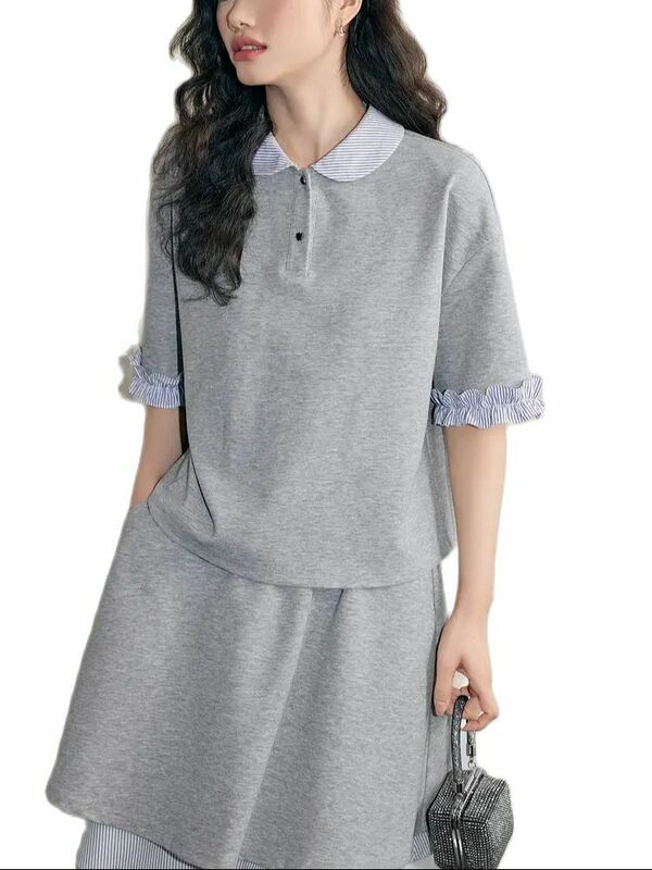 여성용 회색 반팔 짧은 치마, 우아한 대학생 여름 스트리트 웨어, 하라주쿠 인기 패션, 한국 스타일