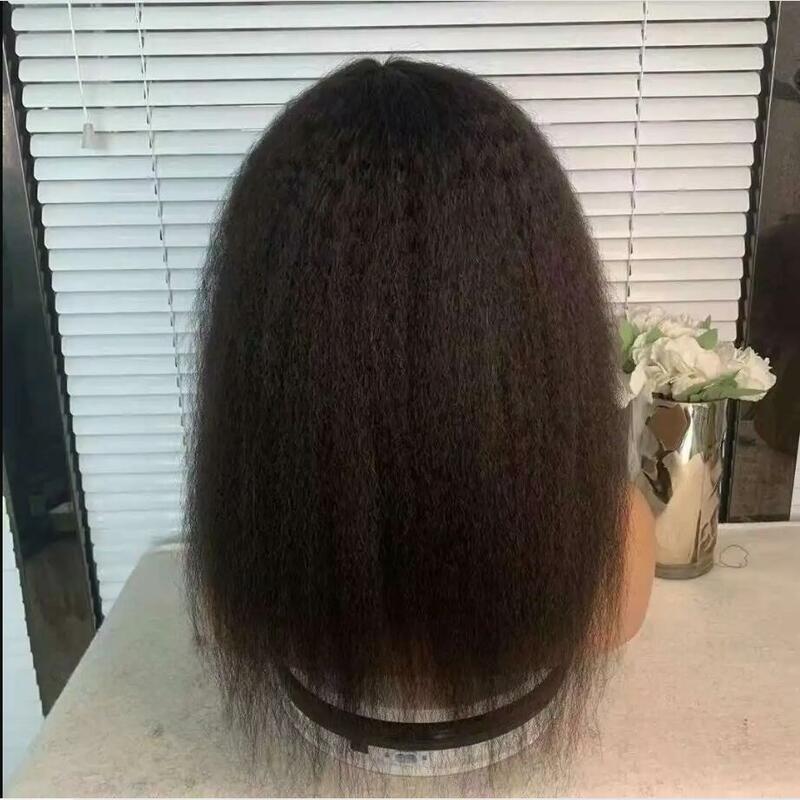Yaki-Long Kinky peruca reta com franja para as mulheres, peruca máquina preta natural, cabelo do bebê, preplucked, glueless, diariamente, 26 ", 180Density