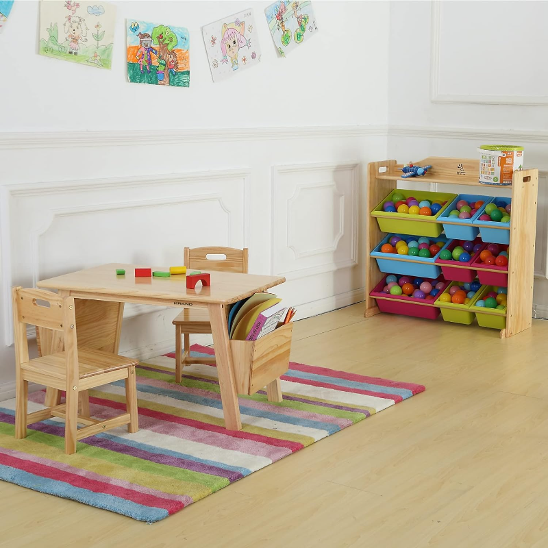 KRAND Mesa e cadeira de madeira maciça com mesa de armazenamento para crianças, mesa para crianças, 2